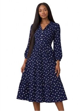 Vintage Montgomery Ward Midi Dress Navy Blue V-Neck Office Teacher Academia